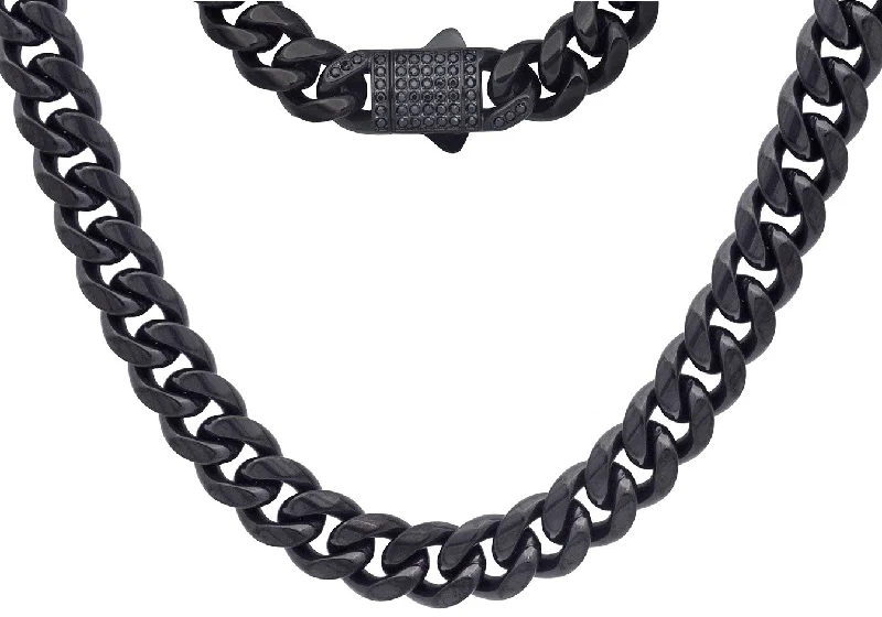 sun necklace for women-Men's 12mm Black Stainless Steel Miami Cuban Link Chain Necklace With Black CZ Box Clasp