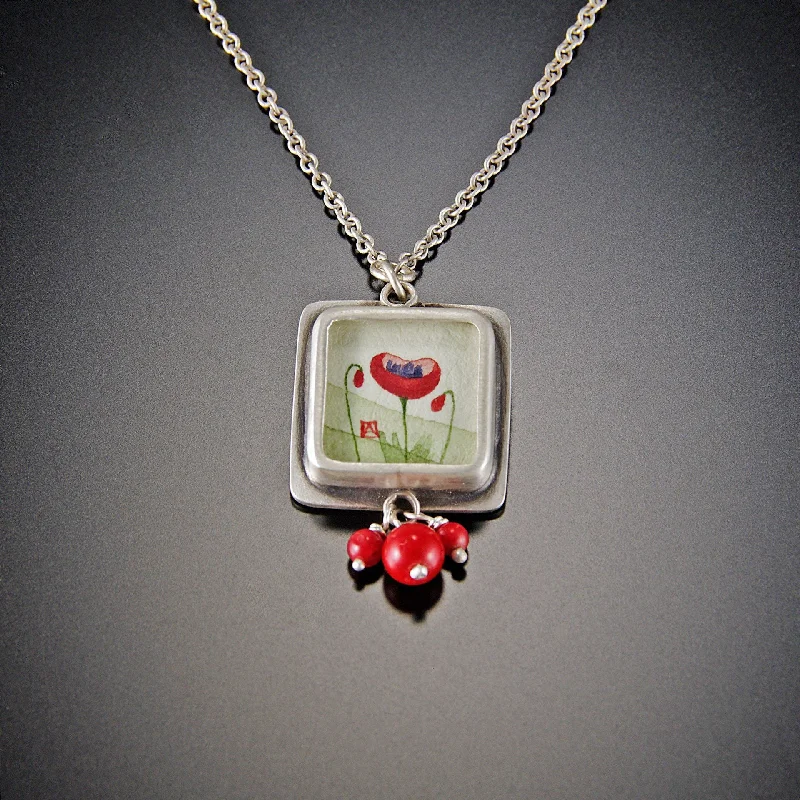 trendy necklace for women-Tiny Square Poppy Necklace with Coral