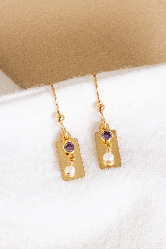 halo earrings for women-CZ Amethyst Pearl Rectangle Dangle Earrings