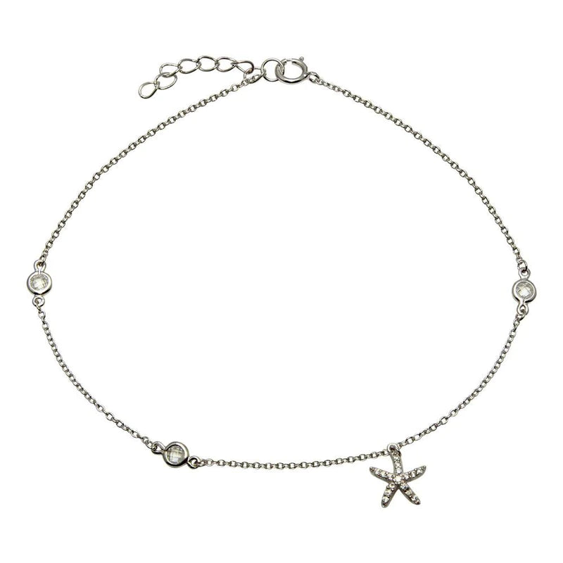 minimalist anklet for women-Silver 925 Rhodium Plated Starfish Anklet with CZ