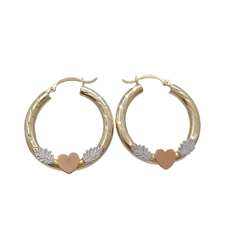 double hoop earrings for women-Tricolor Gold Heart Hoop Earring (14K)