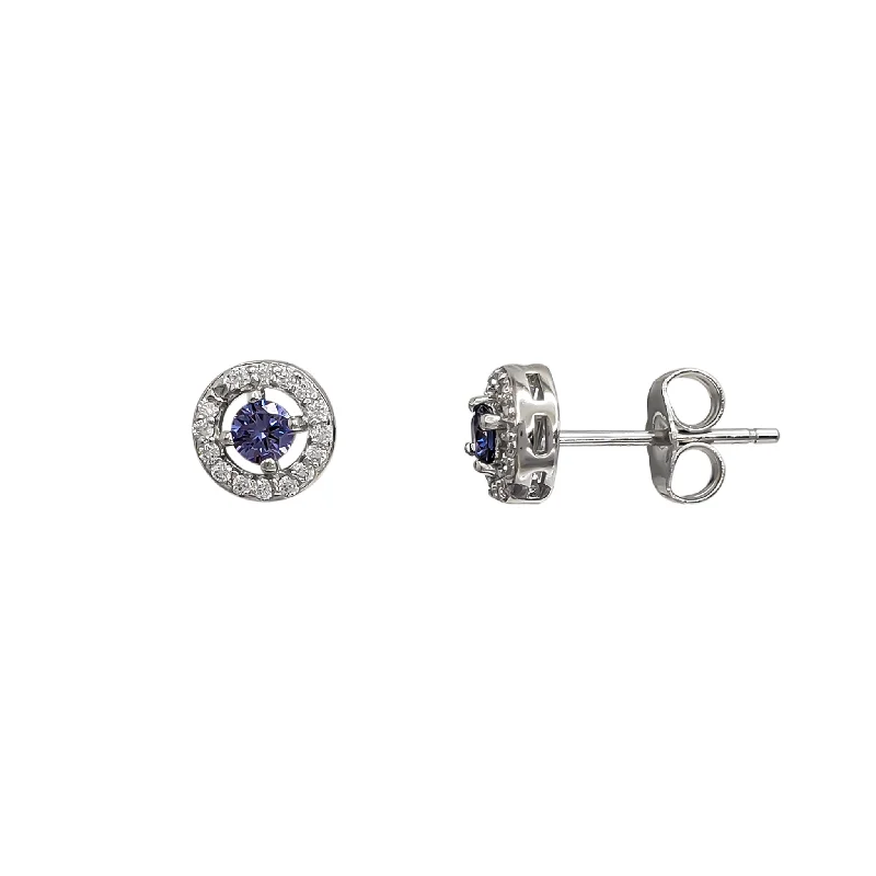 dangle earrings for women-Blue Zirconia Halo Round Stud Earrings (Silver)