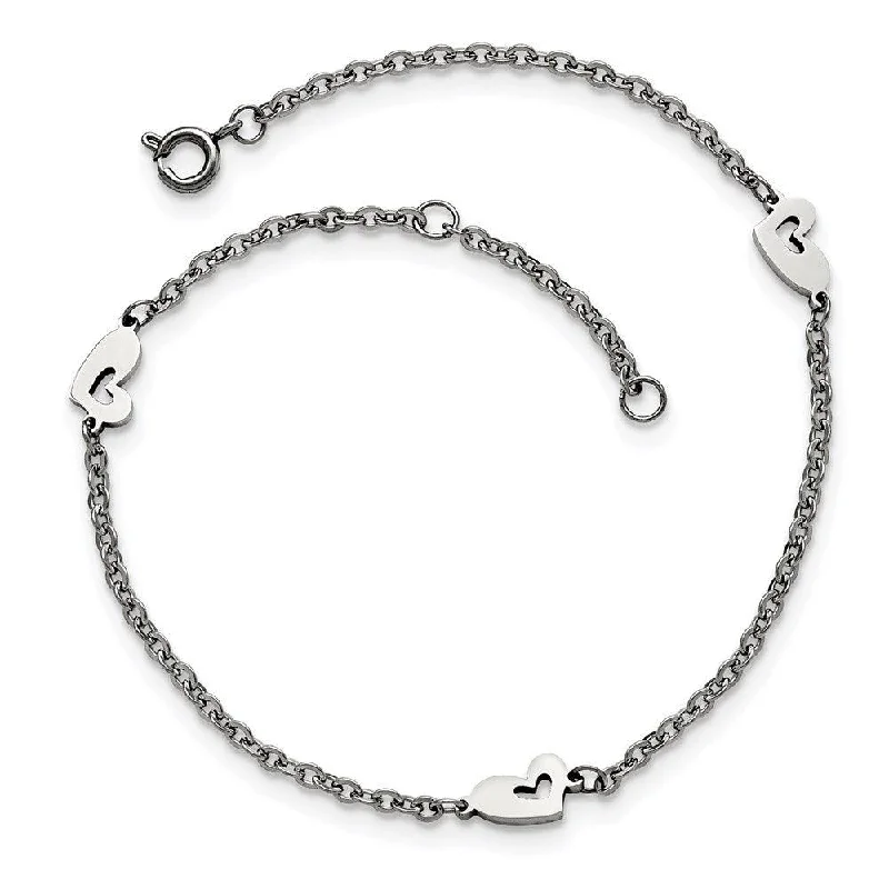 boho anklet for women-Stainless Steel Polished Hearts with 1in extension Anklet