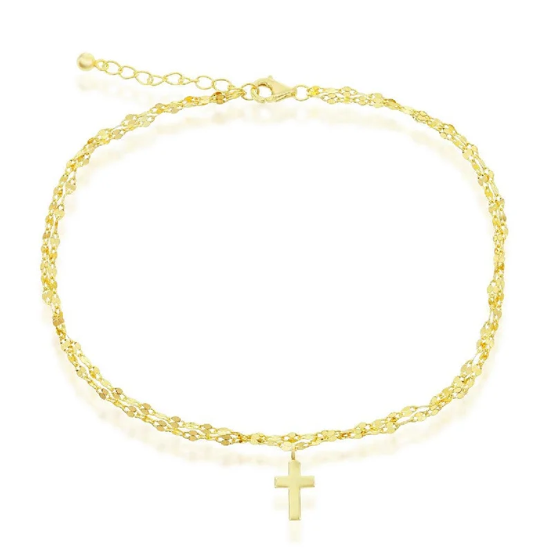 multi-layered bracelet for women-Classic Women's Anklet - GP Sterling Double Strand Chain Cross Charm | R-9260-GP