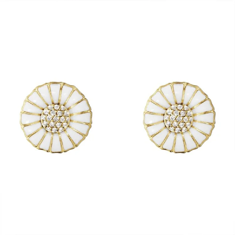 silver dangle earrings for women-Daisy 18ct Yellow Gold Plated Silver And White Enamel Diamond Pave Set Stud Earrings