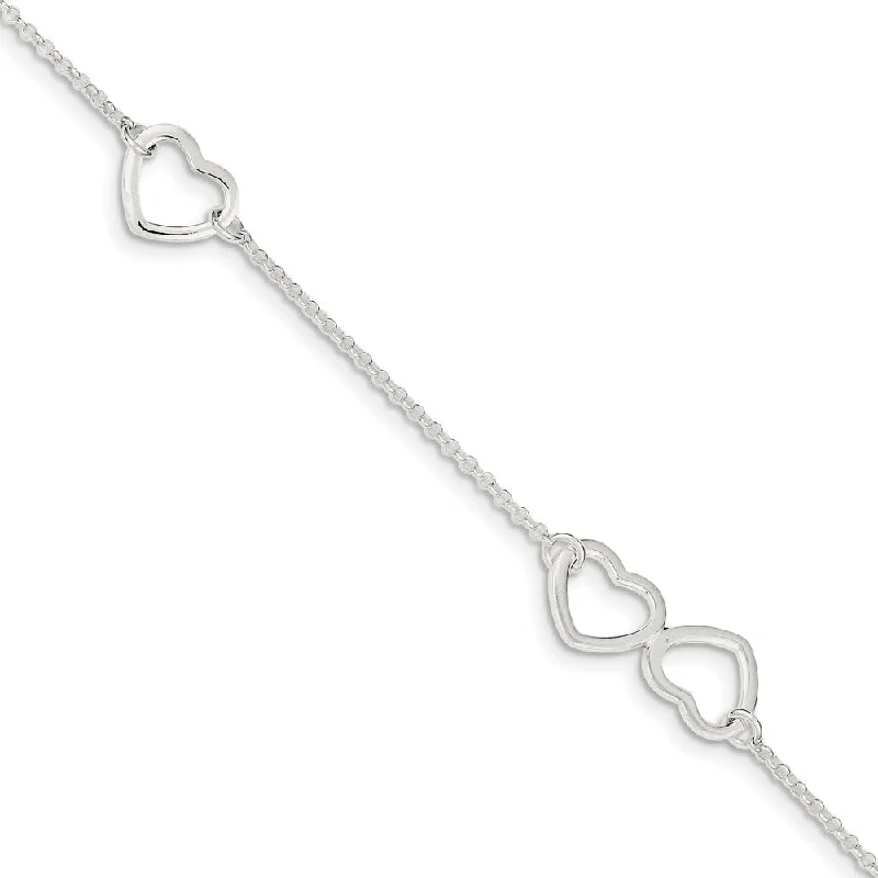 cuff bracelet for women-Sterling Silver 1.5mm Cable And Open Hearts Adjustable Anklet, 9 Inch