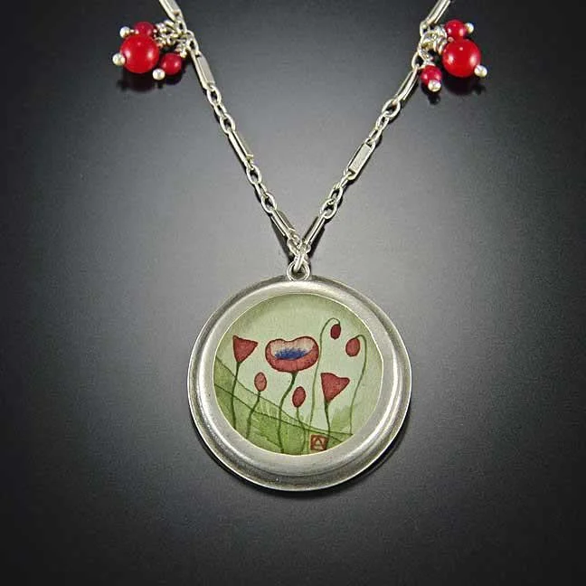 unique necklace for women-Round Poppy Necklace with Coral