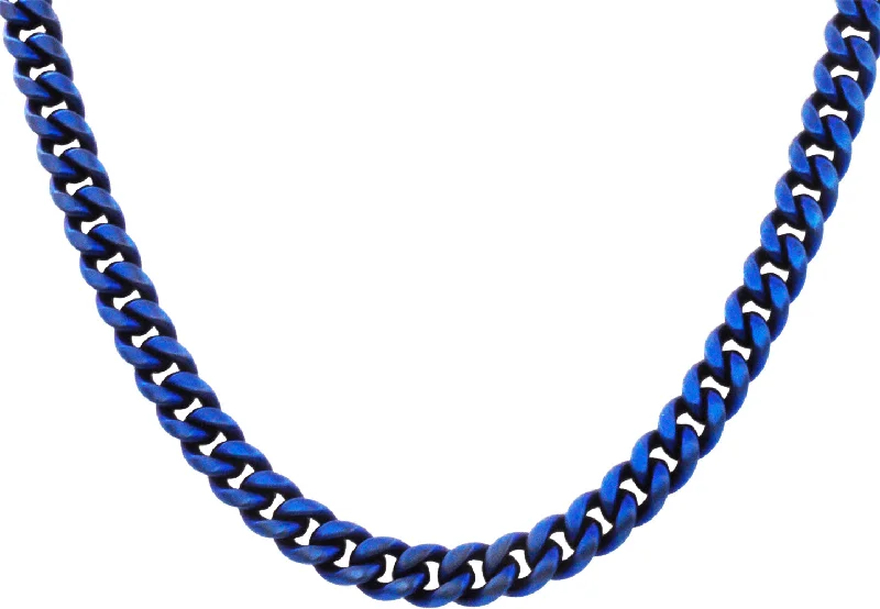 custom necklace for women-Mens 10mm Matte Blue Stainless Steel Miami Cuban Link Chain Necklace With Box Clasp