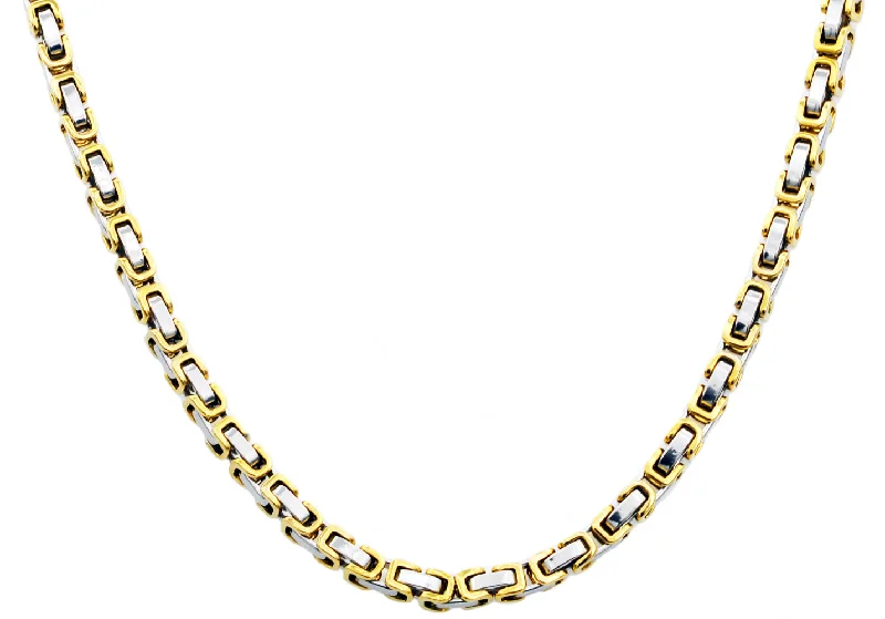 tree of life necklace for women-Mens 4mm Two-Toned Gold and Stainless Steel Byzantine Link Chain Necklace