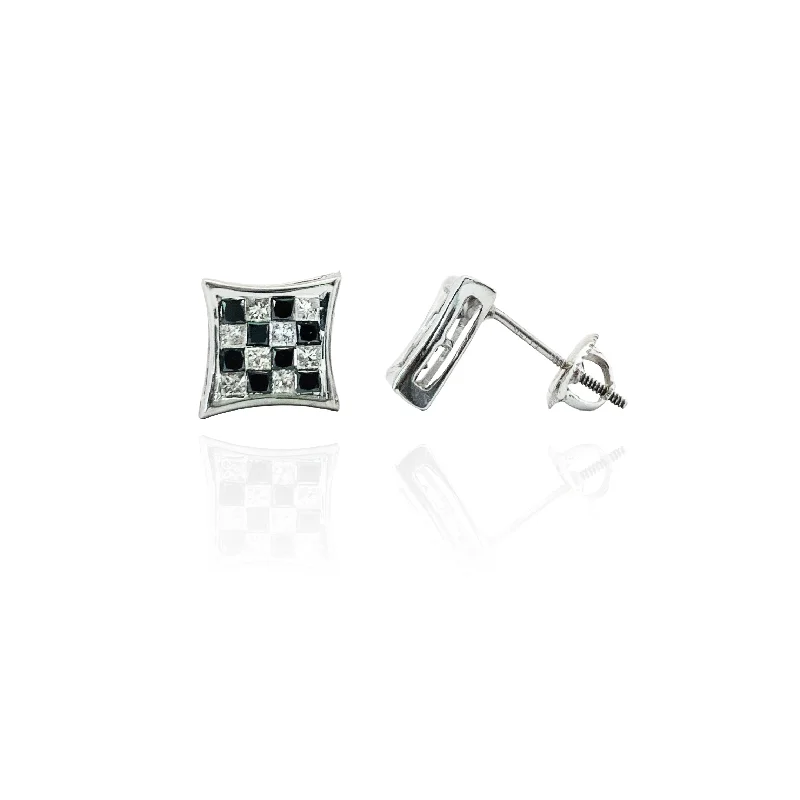 elegant gemstone earrings for women-Black and White Diamond Checkered Stud Earrings (14K)