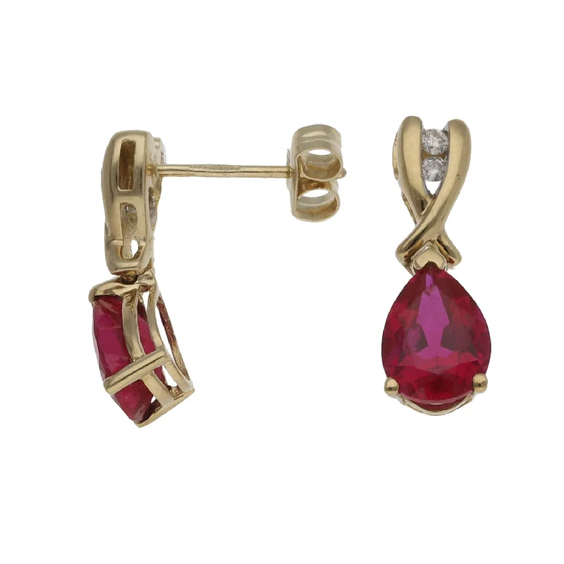 round earrings for women-9ct Gold Man Made Ruby & 0.04ct Diamond Drop Earrings