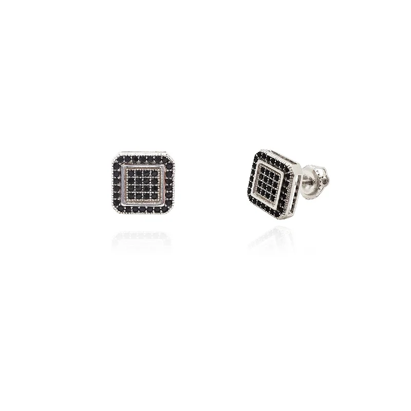 dangly crystal earrings for women-Black Ice Square Stud Earrings (Silver)