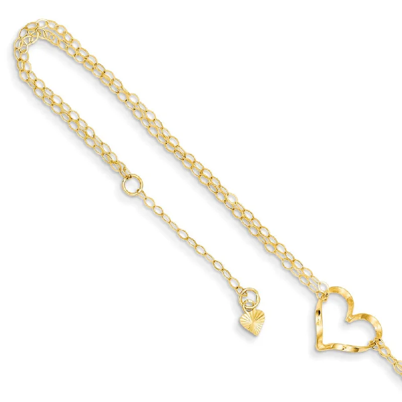 diamond-studded bracelet for women-14k Yellow or White Gold Open Heart Double Strand Anklet, 9-10 Inch