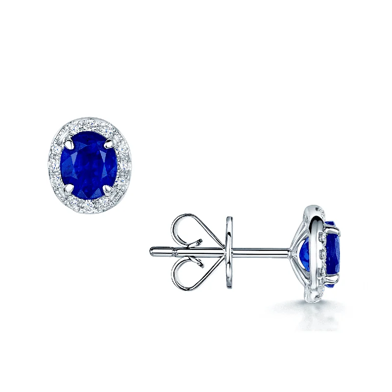 drop dangle earrings for women-18ct White Gold Oval Sapphire And Diamond Halo Stud Earrings