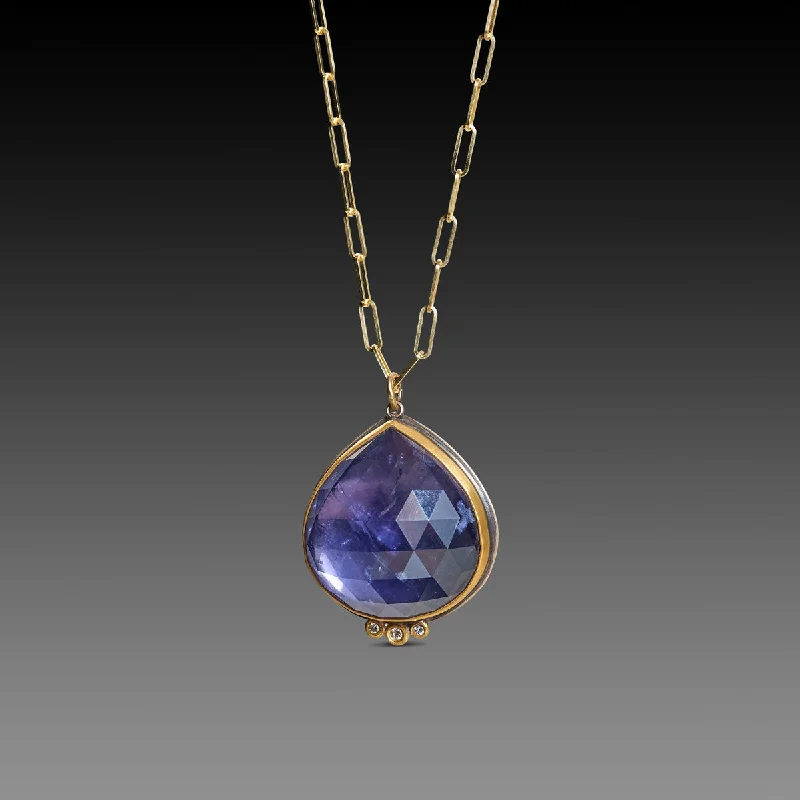 silver chain necklace for women-Iolite Teardrop Necklace with Diamond Trio