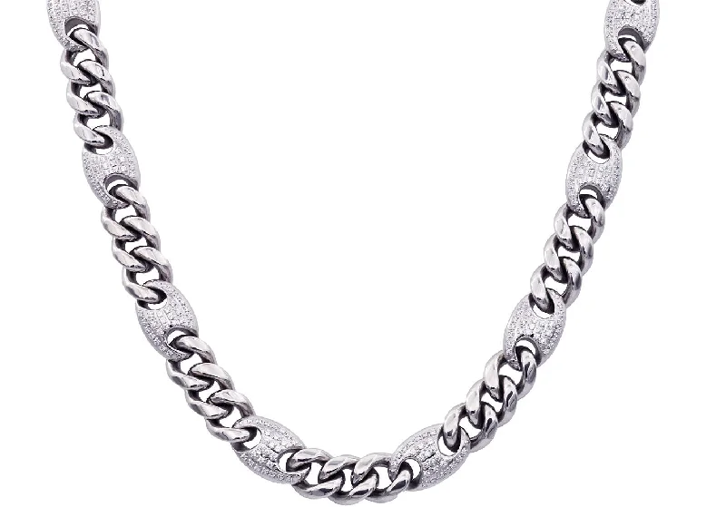 trendy necklace for women-Mens 10mm Stainless Steel Mariner Curb Chain Necklace With Cubic Zirconia