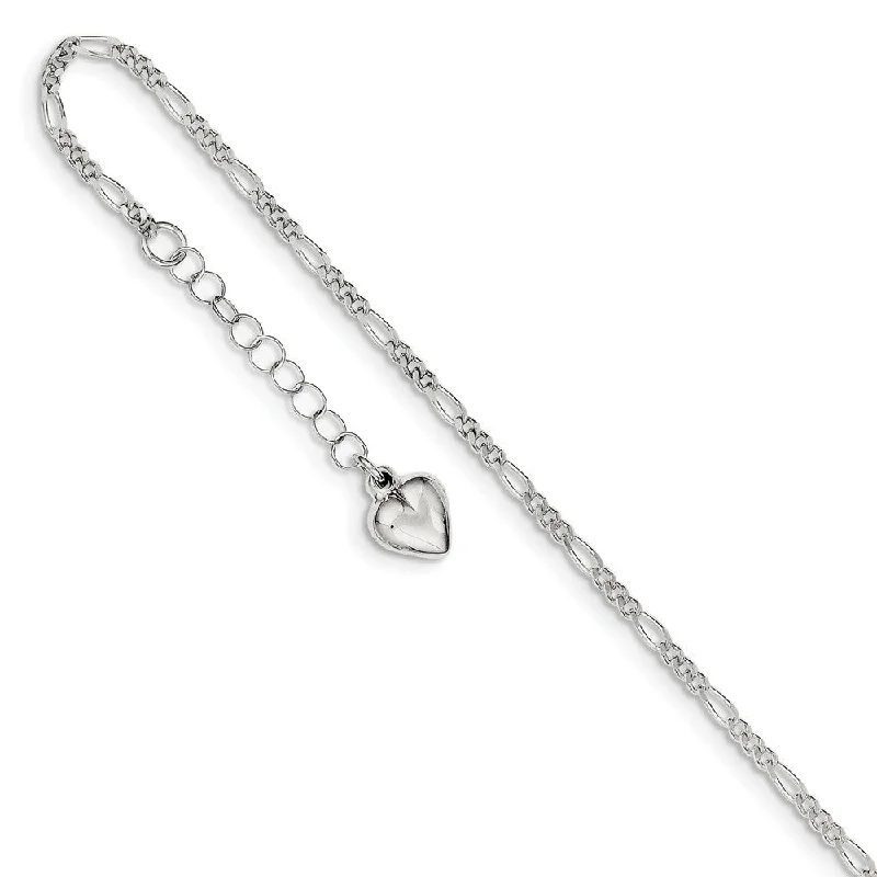 leather anklet for women-Sterling Silver Polished Heart Adjustable Figaro Chain Anklet, 9 Inch