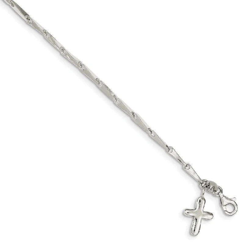 heart bracelet for women-Sterling Silver Solid Cross and 3mm Fancy Bar Link Anklet