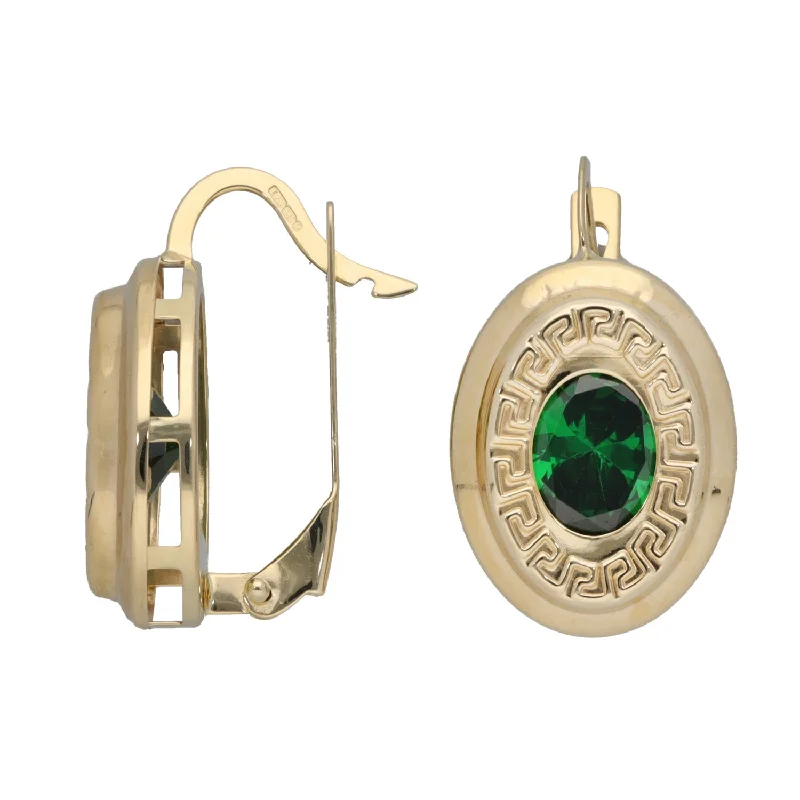 elegant earrings for women-New 14ct Gold Green Cubic Zirconia Greek Key Earrings