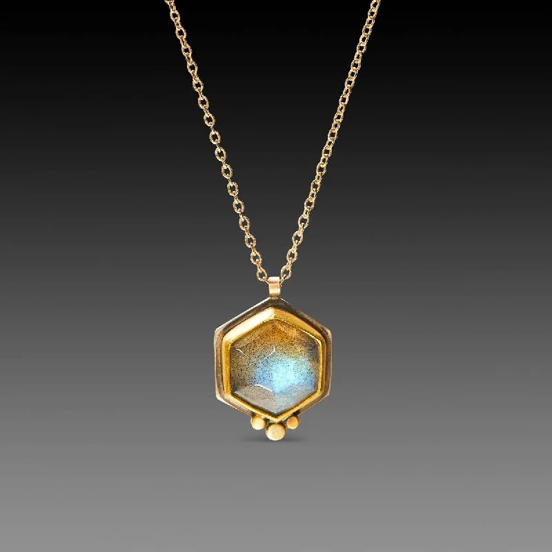 nature-inspired necklace for women-Labradorite Hexagon Necklace with Gold dots