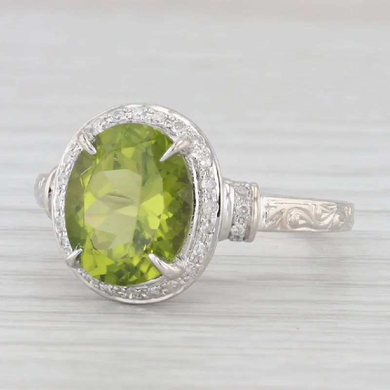 trendy engagement ring for women-4.25ctw Oval Green Peridot Diamond Halo Ring 10k White Gold Size 8.25