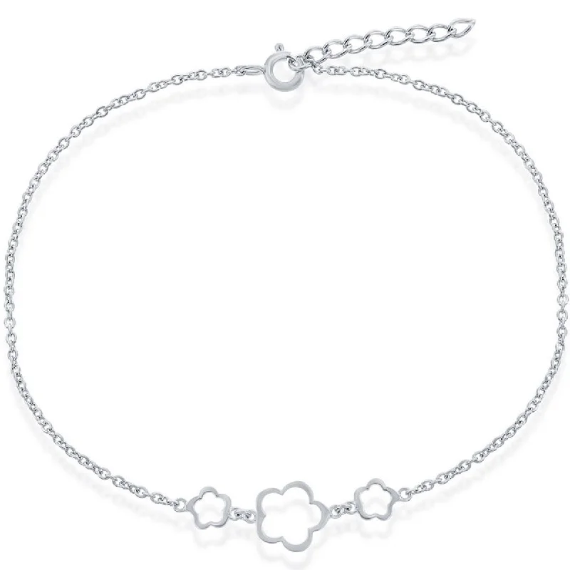 silver anklet for women-Classic Women's Anklet - Sterling 3 Center Flowers, 9 inch | R-9048-9