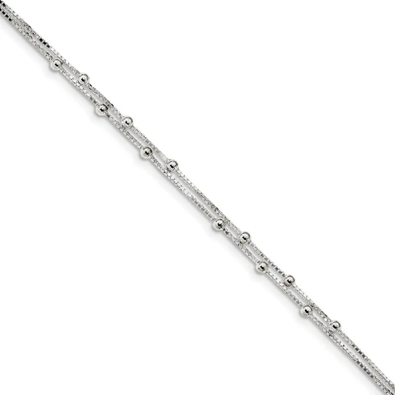 cubic zirconia bracelet for women-Sterling Silver Beaded 2-Strand 0.8mm Box Chain Anklet, 9-10 Inch