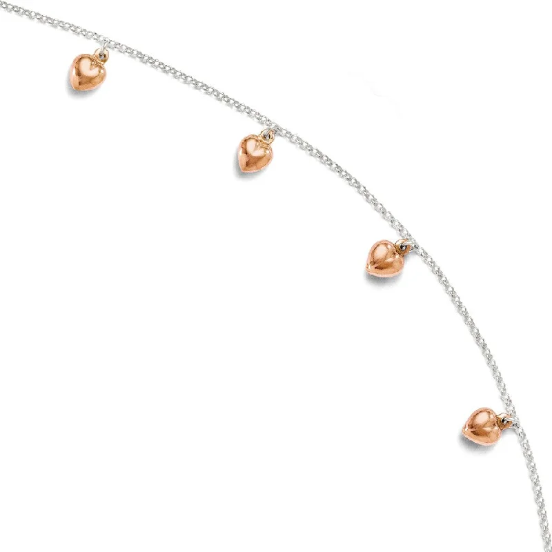 anklet with flowers for women-18k Rose Gold Plated And Sterling Silver Puffed Hearts Anklet, 9-10 In