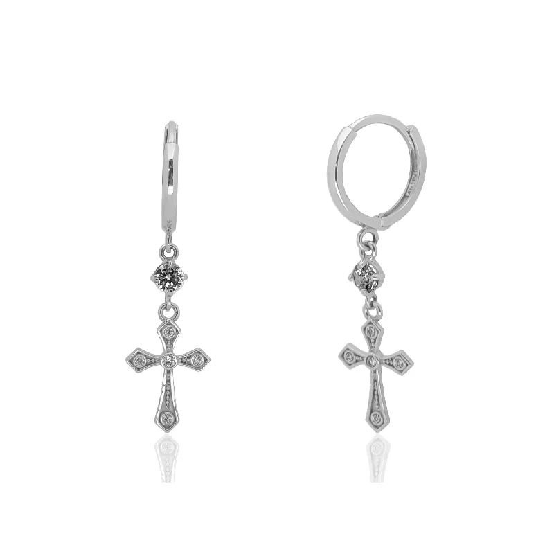 heart-shaped earrings for women-Cross Hanging CZ Earrings (14K)