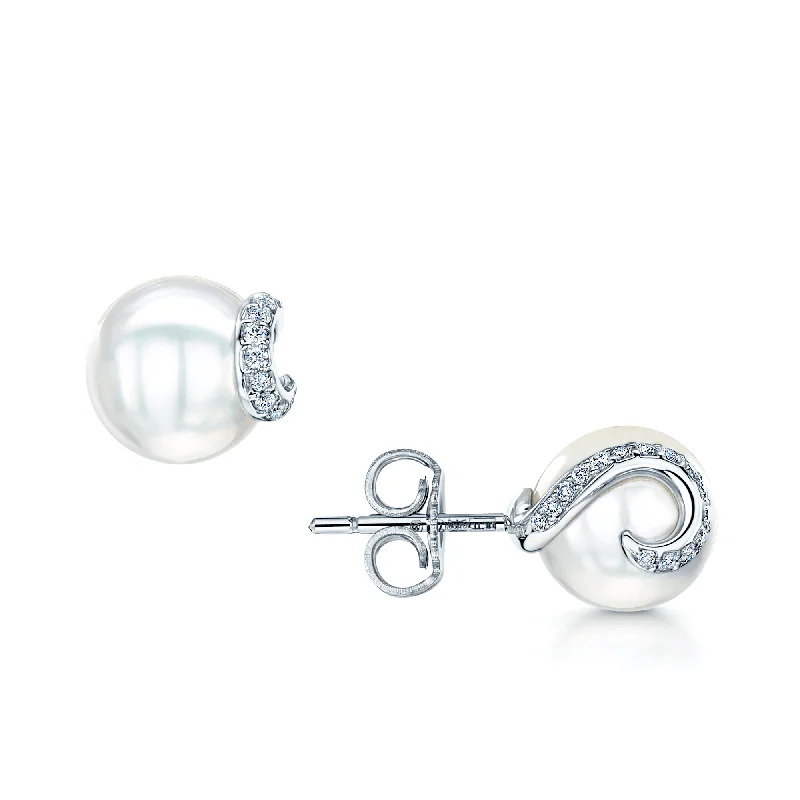 vintage-inspired earrings for women-18ct White Gold Akoya Pearl & Diamond Swirl Embrace Stud Earrings