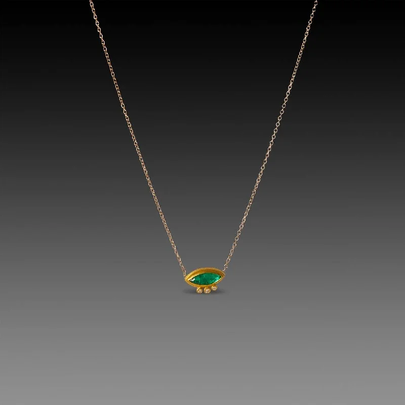 luxury necklace for women-Marquise Emerald Necklace with Three Diamonds