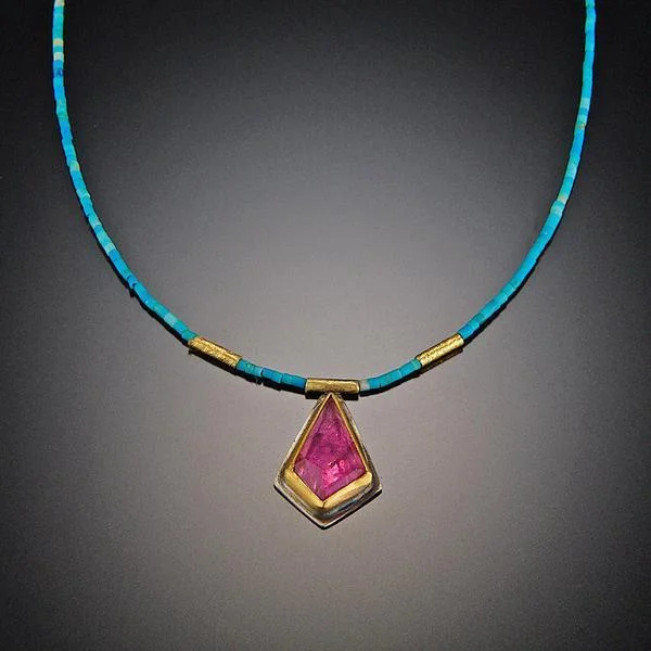 gold heart necklace for women-Pink Tourmaline and Turquoise Beaded Necklace