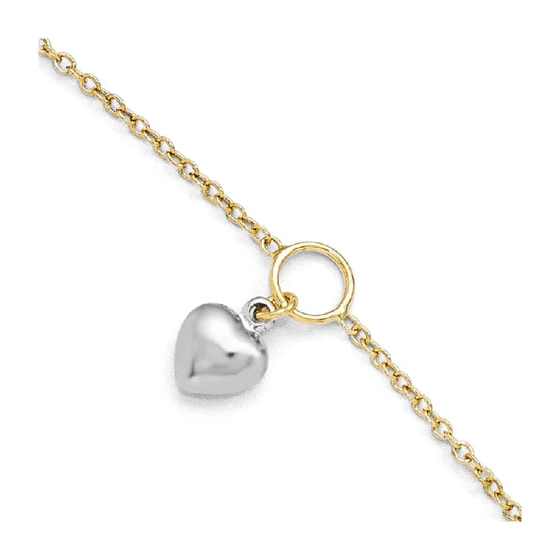 elegant anklet for women-14k Two Tone Gold Dangling Puffed Heart Anklet, 10-11 Inch