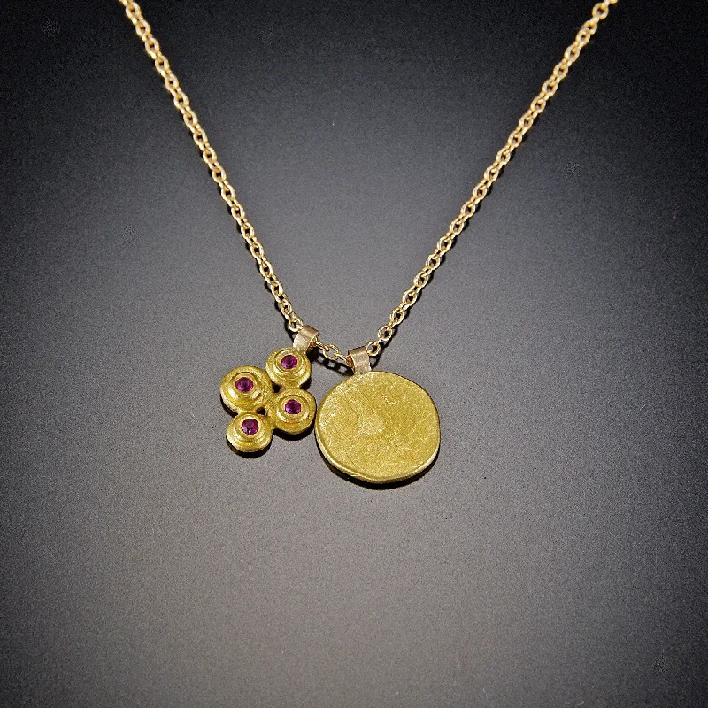 layered gold necklace for women-Pink Sapphire Raised Disk and Hammered Disk Gold Charm Necklace