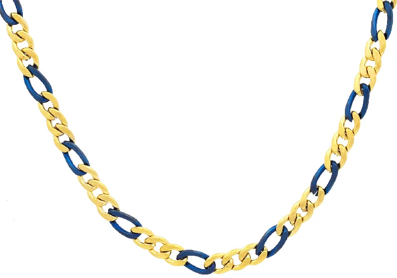 trendy necklace for women-Mens Two-tone Blue & Gold Stainless Steel Figaro Link Chain Necklace