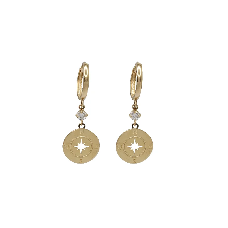 silver statement earrings for women-Cubic Zirconia Compass Dangling Earrings (14K)