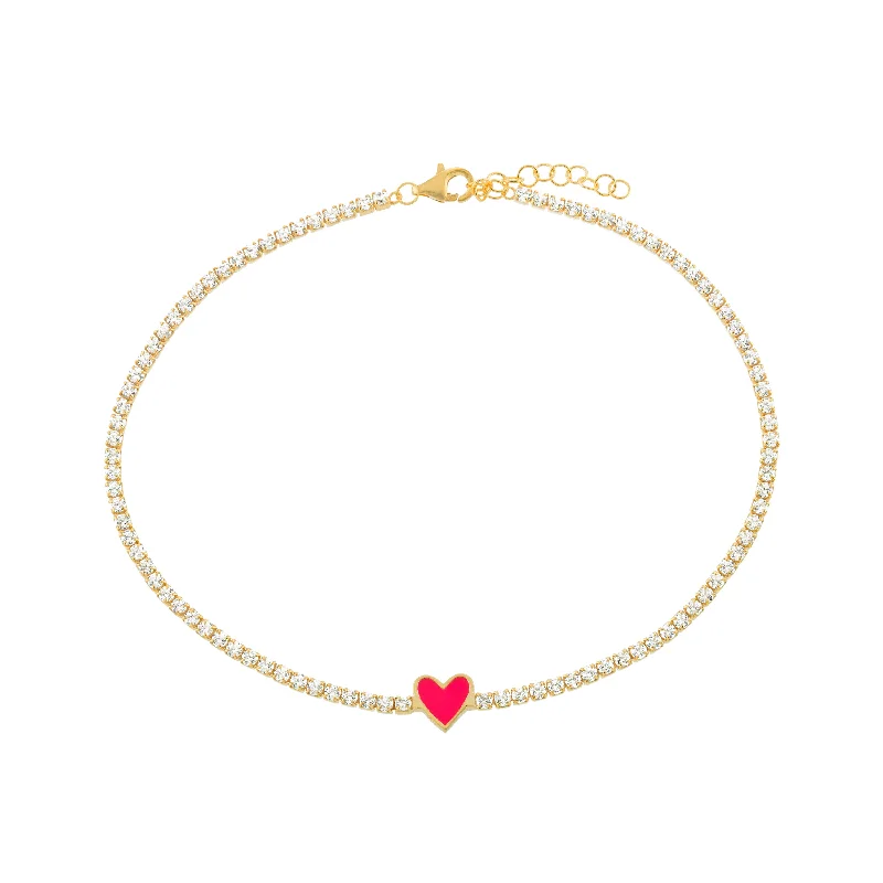 large bangle bracelet for women-Pink Enamel Heart Anklet