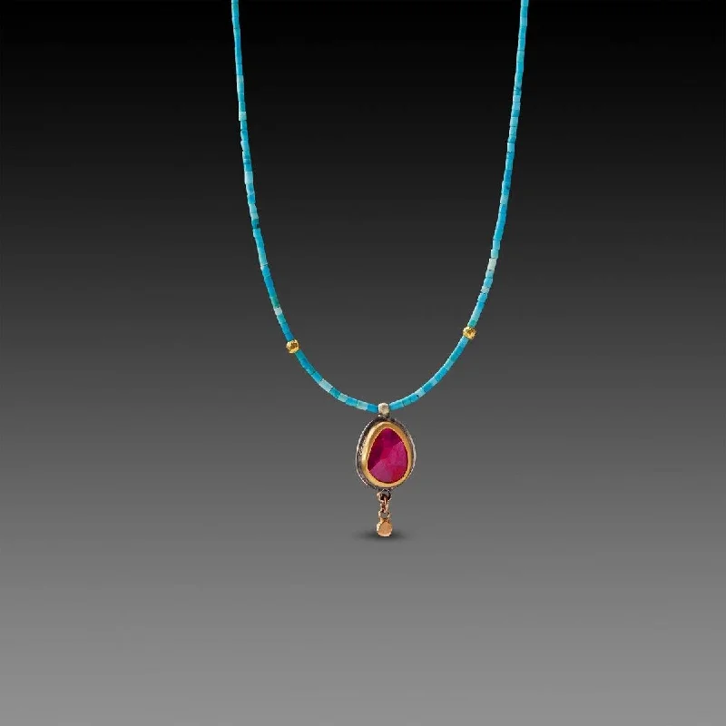 angel wing necklace for women-Ruby Teardrop and Turquoise Beaded Necklace