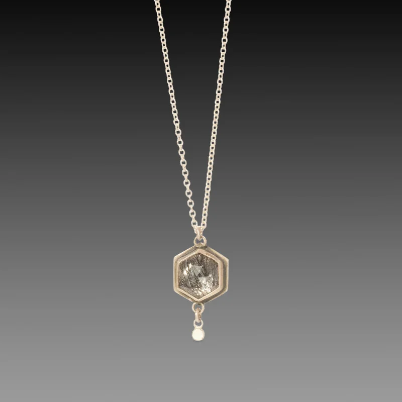 sterling silver necklace for women-Tourmalinated Quartz Hexagon Necklace