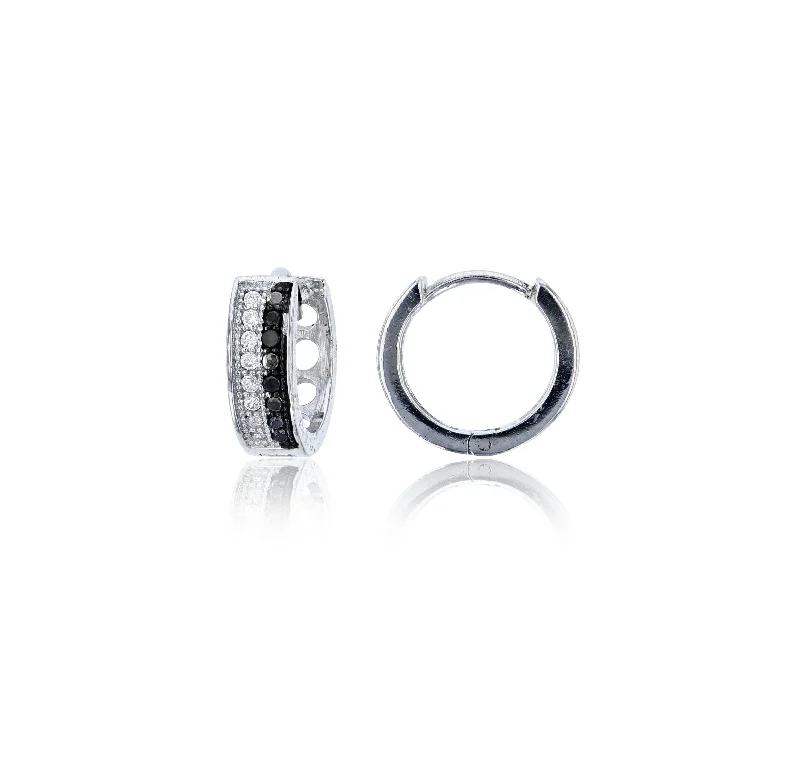 sterling silver earrings for women-Black and White Micropave CZ Huggie Earrings (Silver)