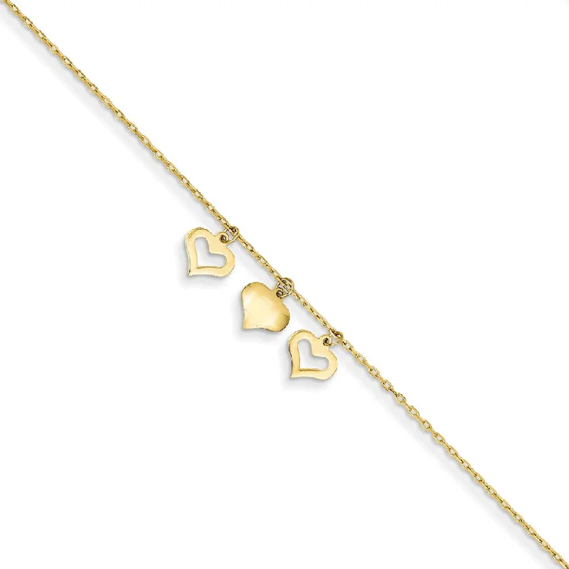 simple gold bracelet for women-14k Yellow Gold 1mm Cable Chain And Triple Heart Charm Anklet, 9-10 In