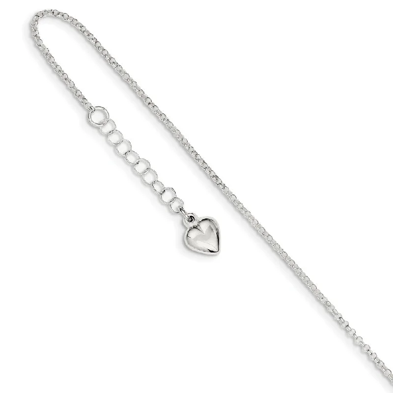 engraved bracelet for women-Sterling Silver 1.5mm Cable Chain And Puffed Heart Anklet, 9-10 Inch