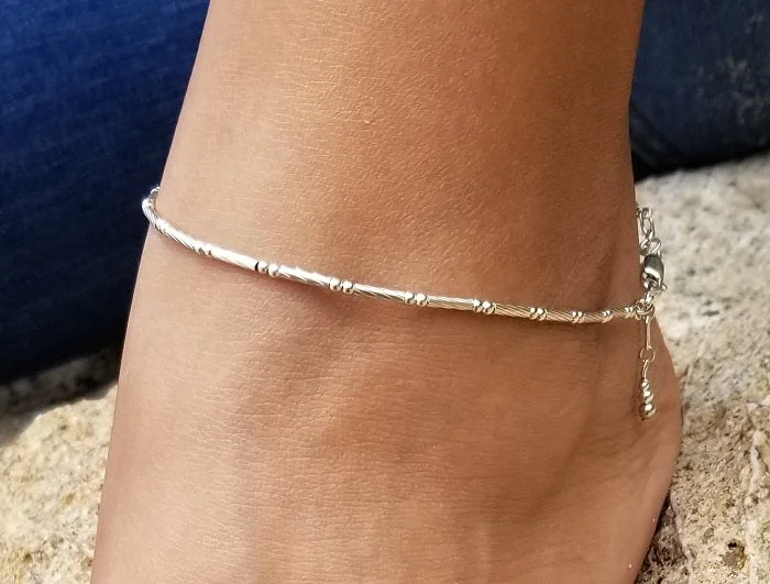 leather bracelet for women-Twisted Tube & Ball Anklet (Sterling Silver)