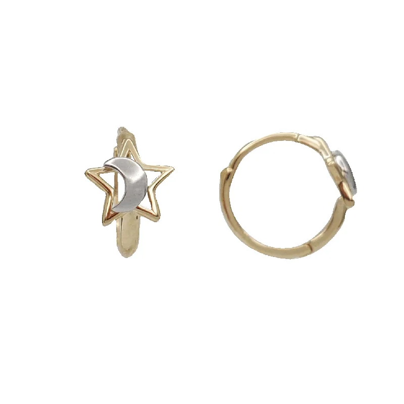 bohemian earrings for women-Two-Tone Star With Moon Huggies Earrings (14K)