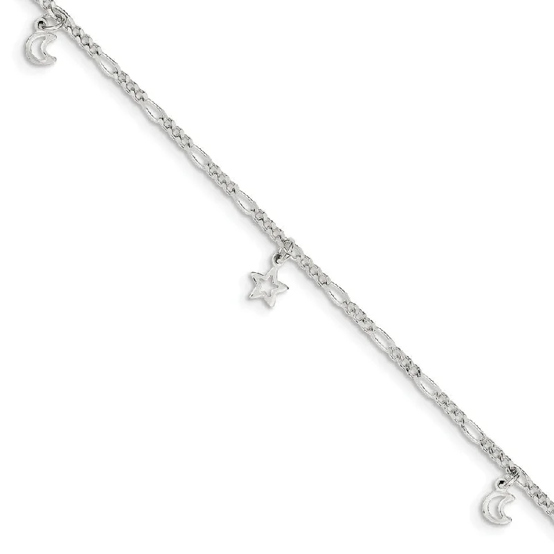 dainty bracelet for women-Sterling Silver Dangling Moon and Stars Adjustable Anklet, 9 Inch