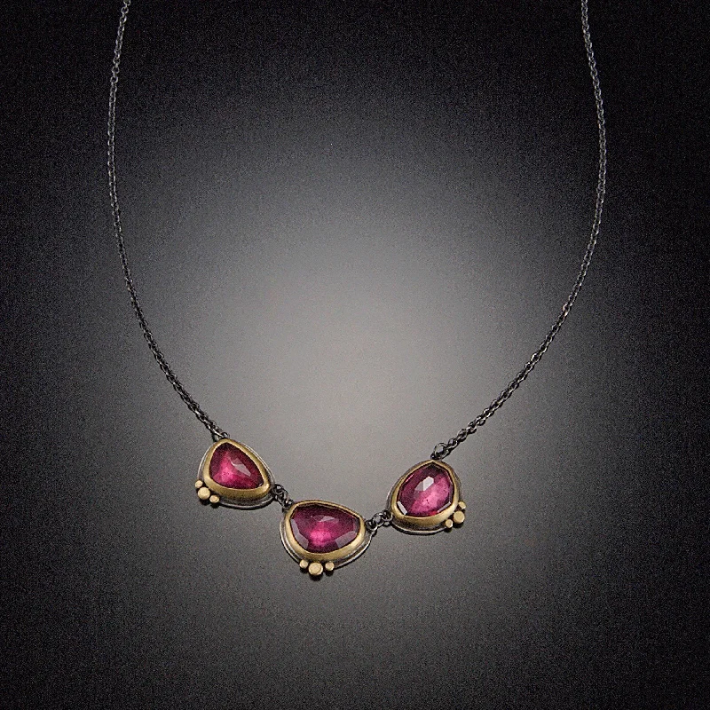 celestial necklace for women-Three Garnet Necklace with Gold Dots