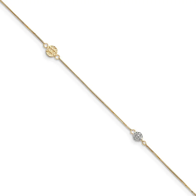 adjustable anklet for women-14k Two-Tone Gold 0.5mm Box Chain, Disc and Circle Anklet, 10 Inch