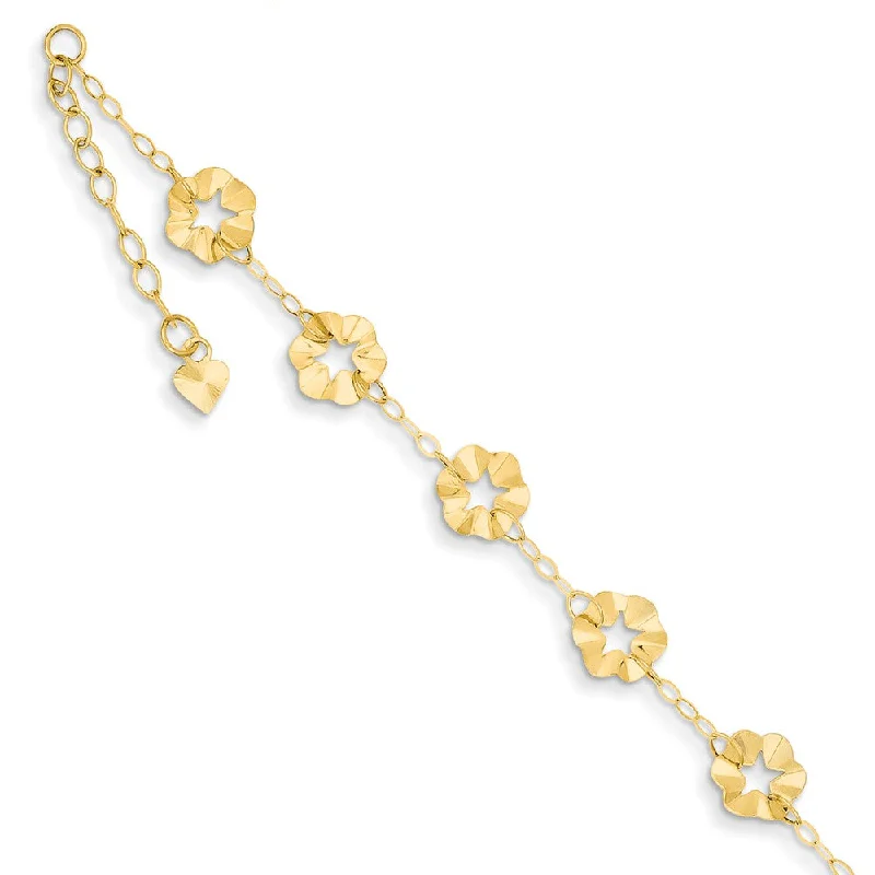 anklet with diamonds for women-14k Yellow Gold Adjustable Flower Anklet, 9 Inch