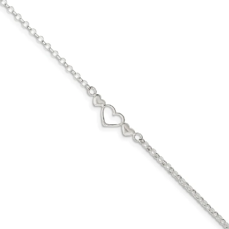 elegant bracelet for women-Sterling Silver Adjustable Triple Heart Anklet, 9-10 Inch