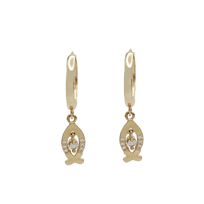 gold statement earrings for women-Zirconia Fish Dangling Earrings (14K)